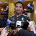 New York Giants linebacker Abdul Carter (51) speaks to the media in the locker room.