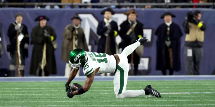 11/13/25 New England Patriots Vs. New York Jets at Gillette Stadium: Adonai Mitchell #15 of the New York Jets fails to complete a reception for third down during the second quarter.