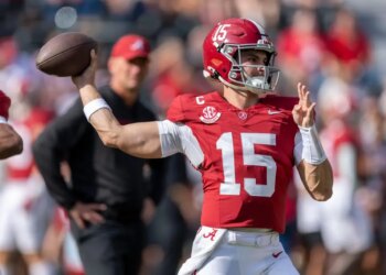 Alabama quarterback Ty Simpson (15) warms up before an NCAA college football game against Eastern Illinois.