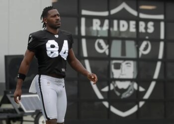 Oakland Raiders player Antonio Brown in his uniform during football practice.