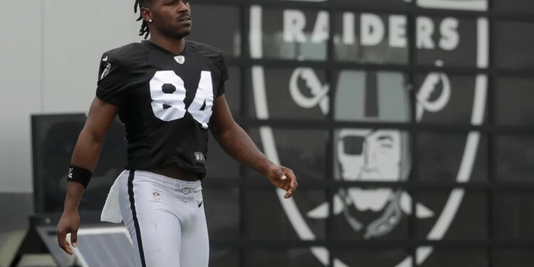 Oakland Raiders player Antonio Brown in his uniform during football practice.