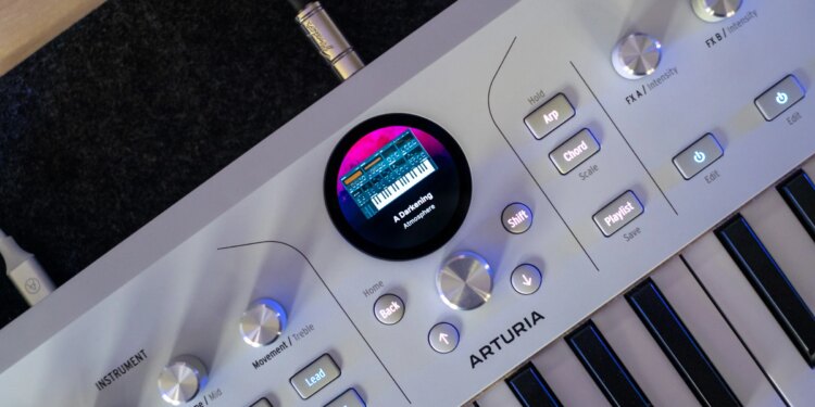 A close up shot of the screen on the AstroLab 37 displaying a patch for MiniFreak V called “A Darkening”.