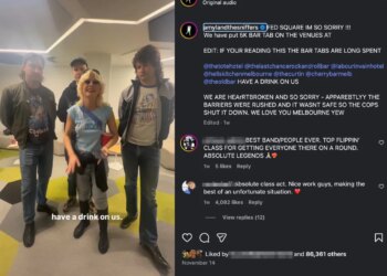 A band, Amyl and The Sniffers, announces a 5K bar tab for fans after their show was shut down by police.