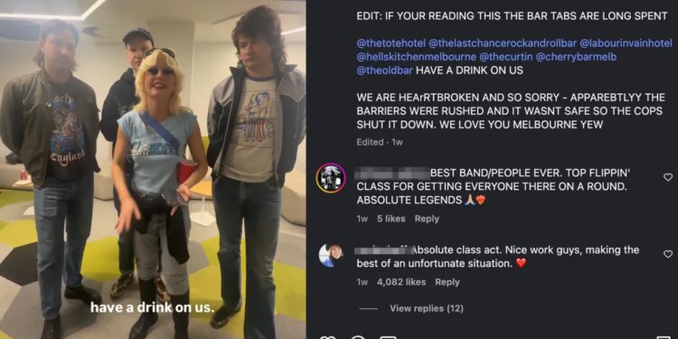 A band, Amyl and The Sniffers, announces a 5K bar tab for fans after their show was shut down by police.