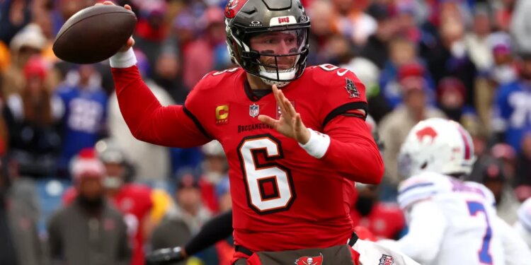 Tampa Bay Buccaneers quarterback Baker Mayfield (6) throws a pass against the Buffalo Bills during the first half of an NFL football game, Sunday, November 16, 2025, in Orchard Park, N.Y.