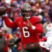 Tampa Bay Buccaneers quarterback Baker Mayfield (6) throws a pass against the Buffalo Bills during the first half of an NFL football game, Sunday, November 16, 2025, in Orchard Park, N.Y.