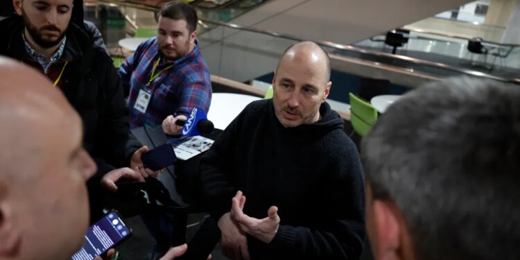 New York Yankees general manager Brian Cashman addresses the media during the Covenant House Sleep Out event at the Jacob Javits Center in New York, November 20, 2025.