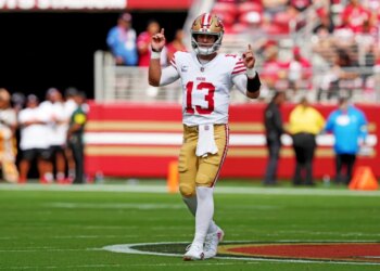 San Francisco 49ers quarterback Brock Purdy (13) reacts against the Jacksonville Jaguars.