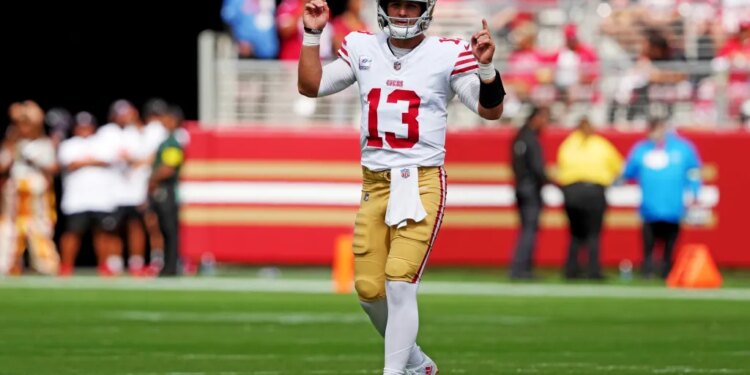 San Francisco 49ers quarterback Brock Purdy (13) reacts against the Jacksonville Jaguars.
