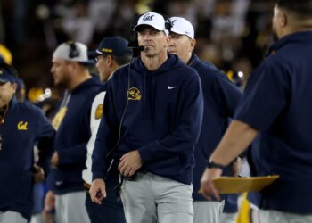 California head coach Justin Wilcox stands on the sidelines during the first half of an NCAA college football game against Stanford in Stanford, Calif., Saturday, Nov. 22, 2025.