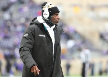 Deion Sanders looks on during the second quarter against the Kansas State Wildcats at Bill Snyder Family Football Stadium.