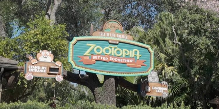 Zootopia: Better Zoogether! sign at the Tree of Life Theater with Stand-By Entrance and Lightning Lane signs.