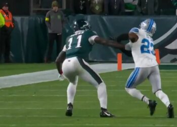 Lions cornerback Rock Ya-Sin (23) is called for pass interference on Eagles receiver AJ Brown (11) on Nov. 16, 2025.
