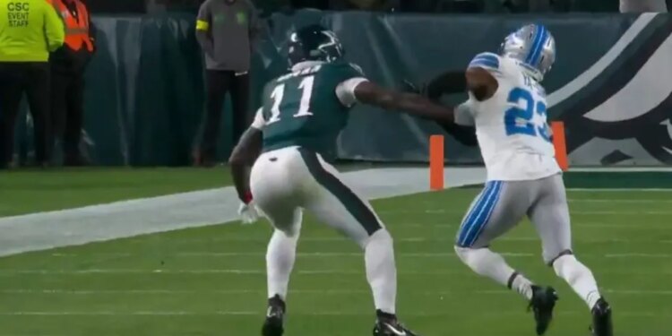 Lions cornerback Rock Ya-Sin (23) is called for pass interference on Eagles receiver AJ Brown (11) on Nov. 16, 2025.