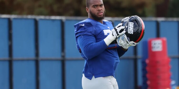 New York Giants offensive tackle Evan Neal #73, during practice at the New York Giants training facility in East Rutherford, New Jersey