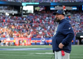 New York Giants at MetLife Stadium: Brian Daboll of the New York Giants on the sideline during the fourth quarter.