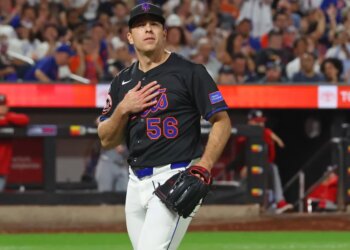 Ryan Helsley #56 of the New York Mets reacts after ending the 7th inning.