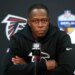 Atlanta Falcons head coach Raheem Morris speaks at a news conference.