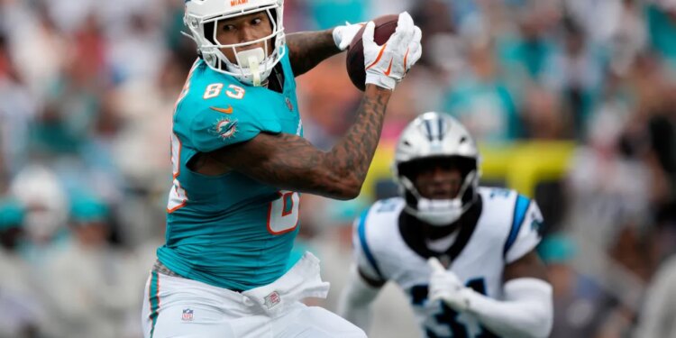Miami Dolphins tight end Darren Waller catches a pass against the Carolina Panthers.