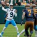 Carolina Panthers quarterback Bryce Young (9) looks to throw a pass against the Green Bay Packers.