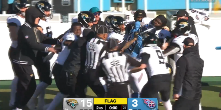 A helmet is ripped off in a fight betwee the Texans and Jaguars after a late hit on Trevor Lawrence seems to spark the brawl.