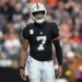 Las Vegas Raiders quarterback Geno Smith (7) reacts in the first half against the Cleveland Browns at Allegiant Stadium.