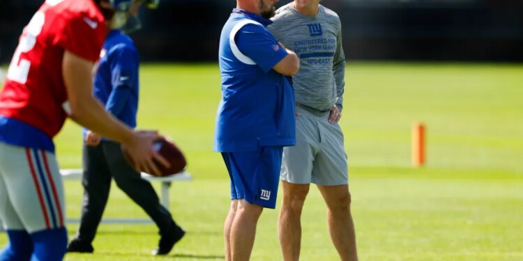New York Giants head coach and general manager Joe Schoen talk during practice, Friday, Sept. 5, 2025.