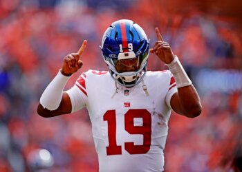 New York Giants quarterback Jameis Winston (19) reacting before a game.