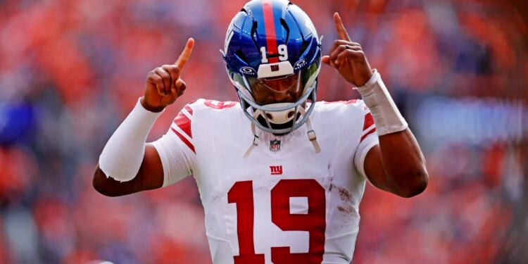 New York Giants quarterback Jameis Winston (19) reacting before a game.