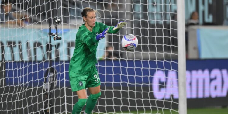 Gotham FC goalkeeper Ann-Katrin Berger (30) saves a shot on goal during the first half