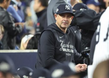 Aaron Boone is pictured during Game 4 of the ALDS against the Blue Jays.