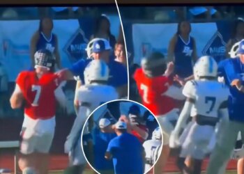 High school coach shoves opposing QB in wild sideline brawl