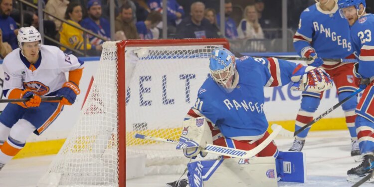 Igor Shesterkin, #31 of the New York Rangers, makes a save during the second period against the New York Islanders.