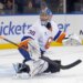 Ilya Sorokin #30 of the New York Islanders defends the net.