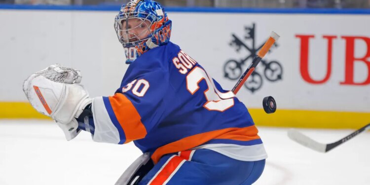 Ilya Sorokin #30 of the New York Islanders deflects the puck during the second period when the New York Islanders played the San Jose Sharks Tuesday, October 21, 2025 at UBS Arena in Elmont, NY.