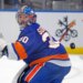 Ilya Sorokin #30 of the New York Islanders deflects the puck during the second period when the New York Islanders played the San Jose Sharks Tuesday, October 21, 2025 at UBS Arena in Elmont, NY.