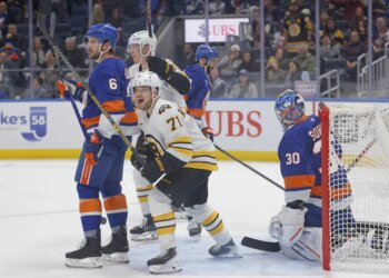 Viktor Arvidsson (71) celebrates Pavel Zacha's power play goal during the Bruins shootout win over the Islanders.