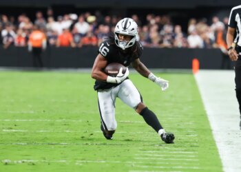 Las Vegas Raiders wide receiver Jakobi Meyers (16) running with the football during the second half against the Chicago Bears.