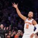 Jalen Brunson reacts after hitting a three-point shot in the first half at Madison Square Garden in New York, New York, November 02, 2025.