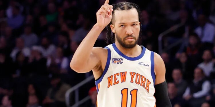 Jalen Brunson #11 of the New York Knicks reacts on the court during the second half.