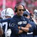 Penn State head coach James Franklin reacts during a college football game.