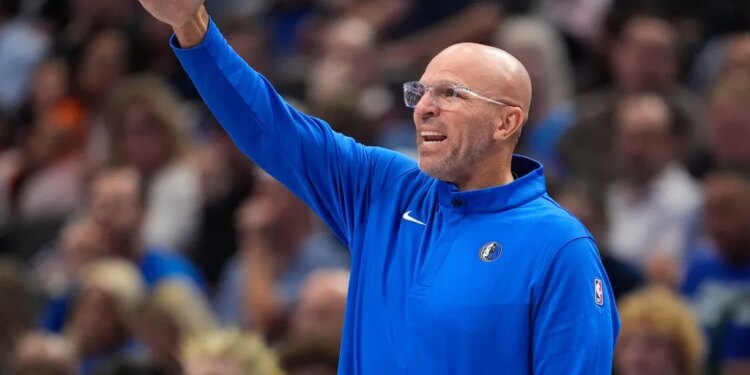 Head coach Jason Kidd shouts out instructions during the Knicks-Mavericks game on Nov. 19, 2025 in Dallas.