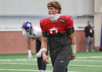New York Giants quarterback Jaxson Dart (6) when the New York Giants practiced Wednesday, November 26, 2025 at Quest Diagnostics Training Center in East Rutherford, NJ.