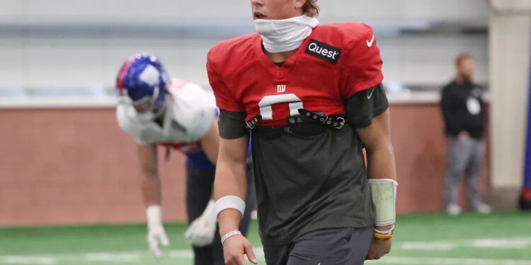 New York Giants quarterback Jaxson Dart (6) when the New York Giants practiced Wednesday, November 26, 2025 at Quest Diagnostics Training Center in East Rutherford, NJ.