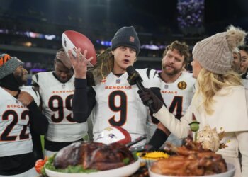 Cincinnati Bengals quarterback Joe Burrow holding a football and speaking into a microphone with NBC Sports reporter Melissa Stark after a game.