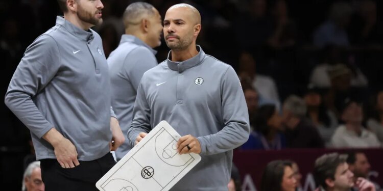Brooklyn Nets head coach Jordi Fernandez, center, during a timeout in the first half of a game against the Philadelphia 76ers at the Barclays Center in Brooklyn, N.Y. on Sunday, Nov. 2, 2025.