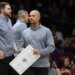 Brooklyn Nets head coach Jordi Fernandez, center, during a timeout in the first half of a game against the Philadelphia 76ers at the Barclays Center in Brooklyn, N.Y. on Sunday, Nov. 2, 2025.