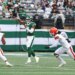 Justin Fields #7 of the New York Jets throws a pass during the game against the Cleveland Browns.