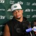 Jets quarterback Justin Fields speaking to the media.