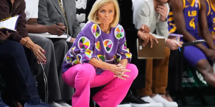 LSU head coach Kim Mulkey watches from the bench in the first half an NCAA college basketball game against Tulane, Monday, November 17, 2025, in New Orleans. LSU head coach Kim Mulkey watches from the bench in the first half an NCAA college basketball game against Tulane, Monday, November 17, 2025, in New Orleans.